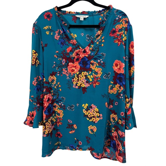 The Pioneer Woman Tops - The Pioneer Woman Floral Blouse XXL Cottagecore Ruffle Neck Teal Blue